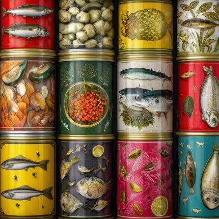 Cans filled with an array of seafood